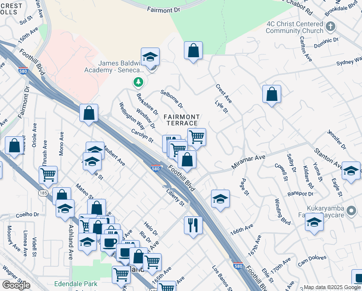 map of restaurants, bars, coffee shops, grocery stores, and more near Lindview Drive in Castro Valley