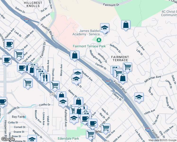 map of restaurants, bars, coffee shops, grocery stores, and more near 16015 Liberty Street in San Leandro