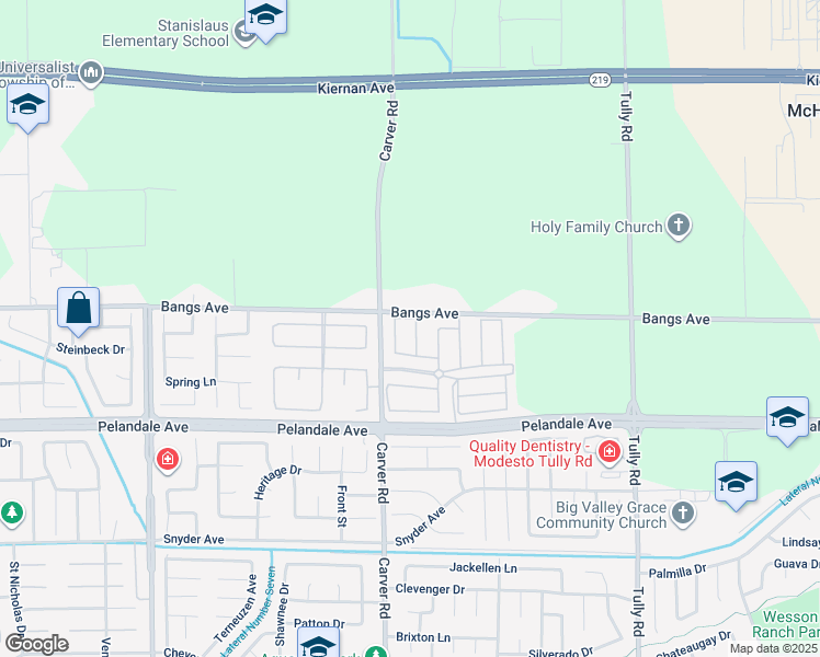 map of restaurants, bars, coffee shops, grocery stores, and more near 1613 Bangs Avenue in Modesto