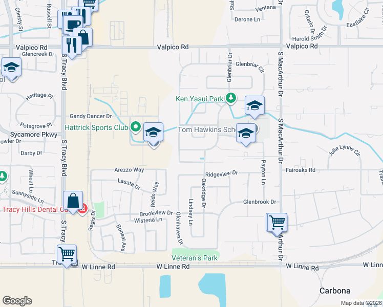 map of restaurants, bars, coffee shops, grocery stores, and more near 431 Glenbriar Circle in Tracy