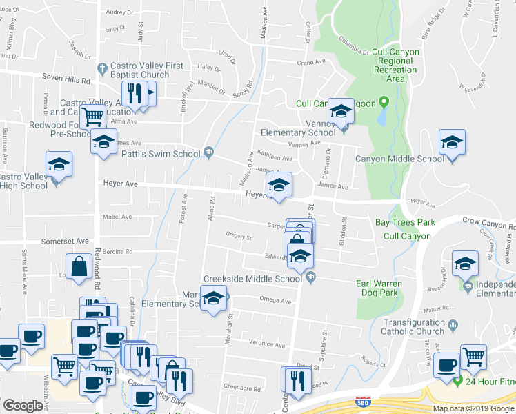 map of restaurants, bars, coffee shops, grocery stores, and more near 4655 Heyer Avenue in Castro Valley