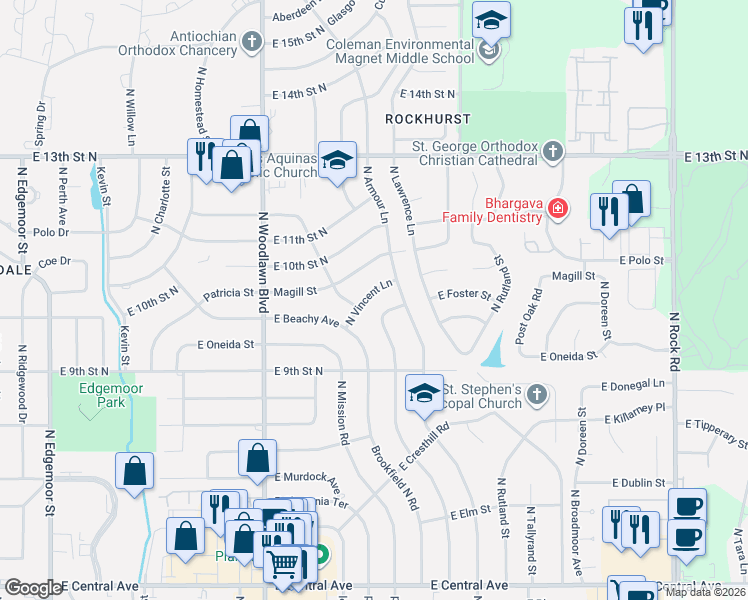 map of restaurants, bars, coffee shops, grocery stores, and more near 1012-1098 Vincent St in Wichita