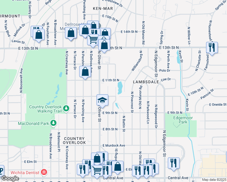 map of restaurants, bars, coffee shops, grocery stores, and more near 1137 Harding Street in Wichita
