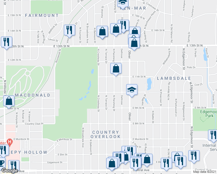 map of restaurants, bars, coffee shops, grocery stores, and more near 1138 North Terrace Drive in Wichita