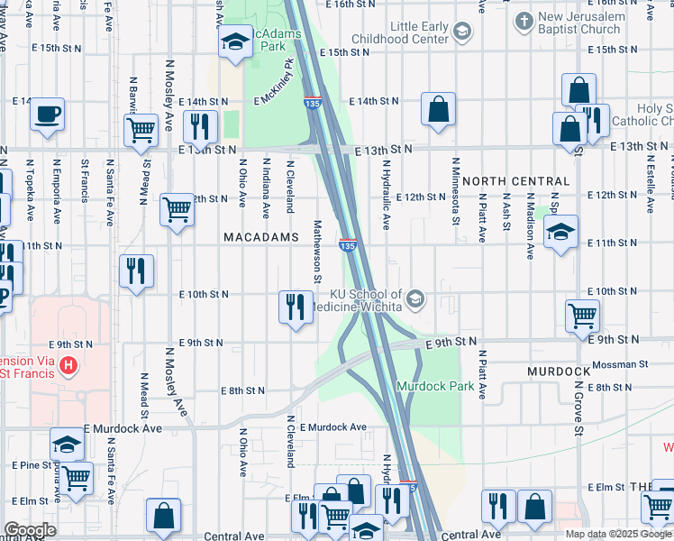 map of restaurants, bars, coffee shops, grocery stores, and more near 1131 New York Street in Wichita