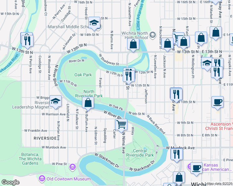map of restaurants, bars, coffee shops, grocery stores, and more near 1131 Carlos in Wichita