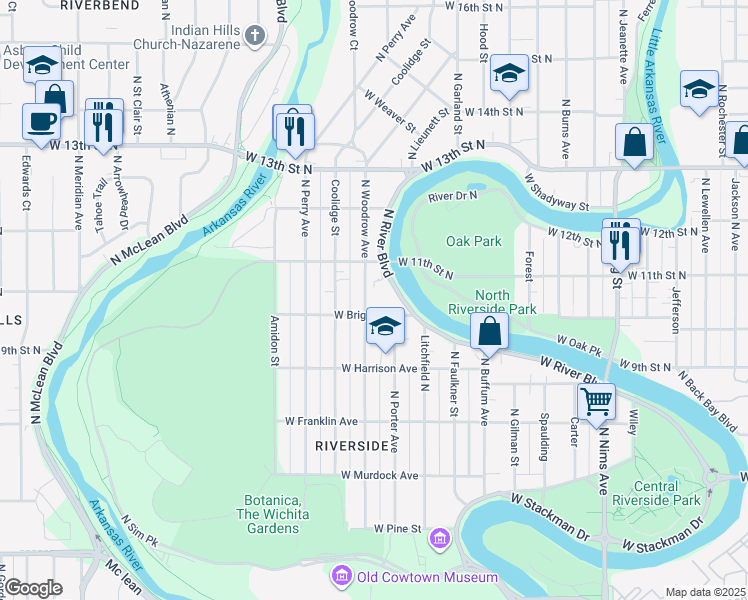 map of restaurants, bars, coffee shops, grocery stores, and more near 1155 North River Boulevard in Wichita