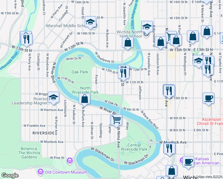 map of restaurants, bars, coffee shops, grocery stores, and more near 1131 Carlos in Wichita