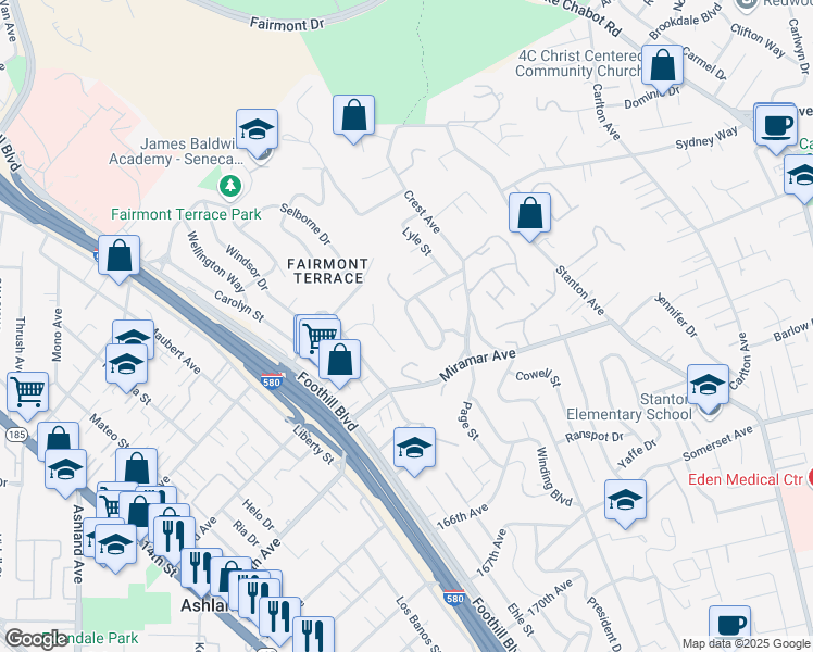 map of restaurants, bars, coffee shops, grocery stores, and more near 2317 Prosperity Way in San Leandro