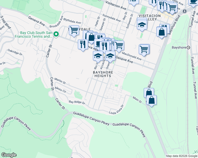 map of restaurants, bars, coffee shops, grocery stores, and more near 285 Accacia Street in Daly City