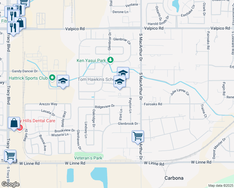 map of restaurants, bars, coffee shops, grocery stores, and more near 418 Cose Lane in Tracy