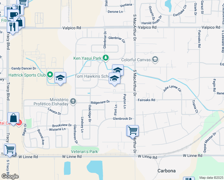 map of restaurants, bars, coffee shops, grocery stores, and more near 418 Cose Lane in Tracy
