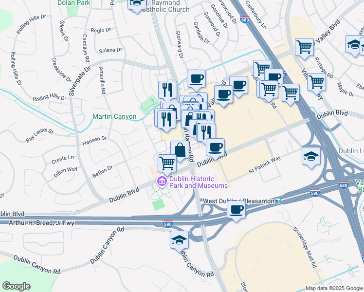 map of restaurants, bars, coffee shops, grocery stores, and more near 7236 San Ramon Road in Dublin