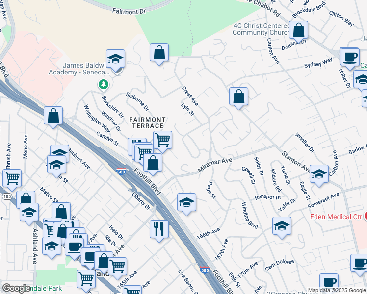 map of restaurants, bars, coffee shops, grocery stores, and more near 2317 Prosperity Way in San Leandro