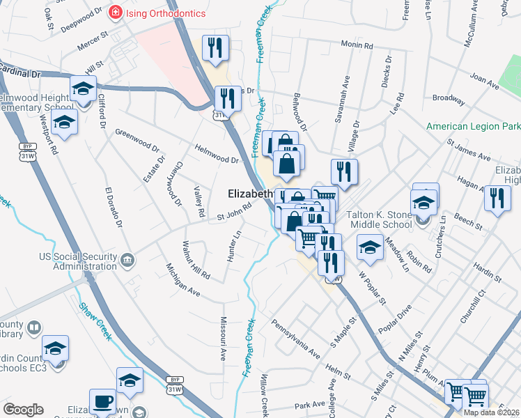 map of restaurants, bars, coffee shops, grocery stores, and more near 108 Saint John Road in Elizabethtown