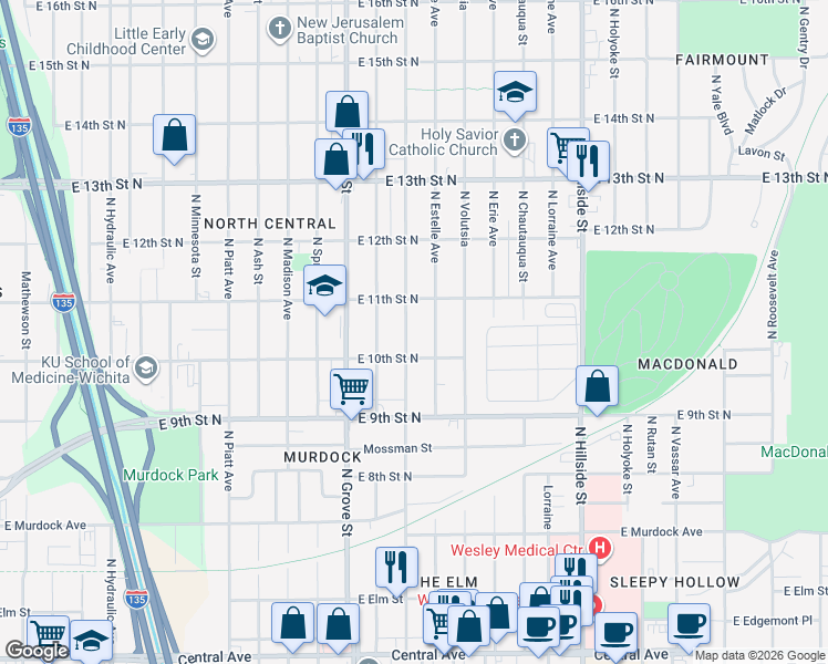 map of restaurants, bars, coffee shops, grocery stores, and more near 1143 North Estelle Avenue in Wichita