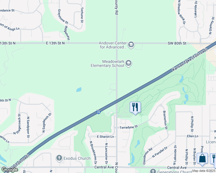 map of restaurants, bars, coffee shops, grocery stores, and more near 1111 North 159th Street East in Wichita