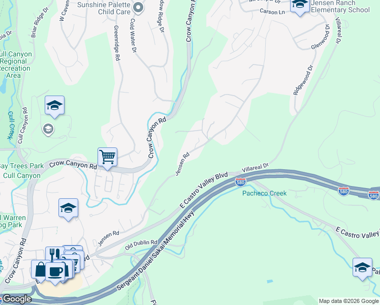 map of restaurants, bars, coffee shops, grocery stores, and more near Jensen Road in Castro Valley