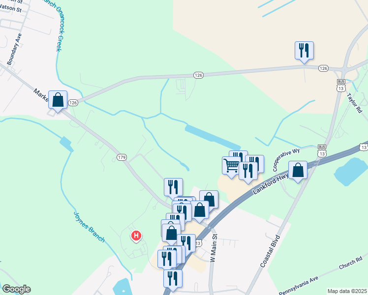 map of restaurants, bars, coffee shops, grocery stores, and more near 113 Duncan Manor Drive in Onancock