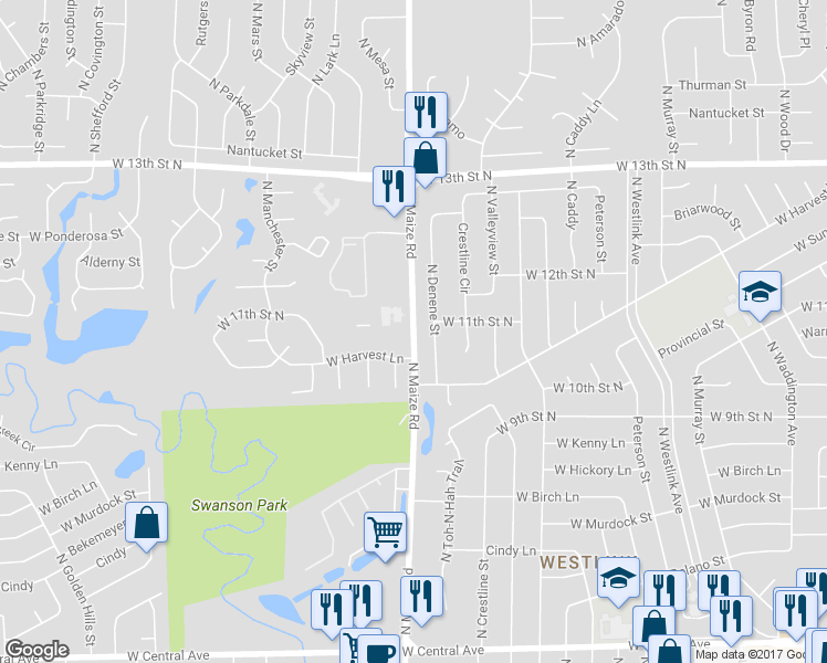 map of restaurants, bars, coffee shops, grocery stores, and more near 1102 North Maize Road in Wichita