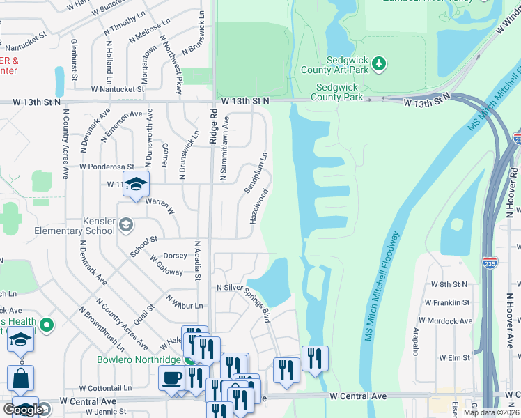 map of restaurants, bars, coffee shops, grocery stores, and more near 1133 Hazelwood Street in Wichita