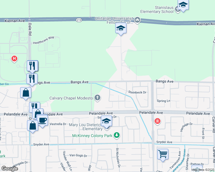 map of restaurants, bars, coffee shops, grocery stores, and more near 4340 Peninsula Drive in Modesto