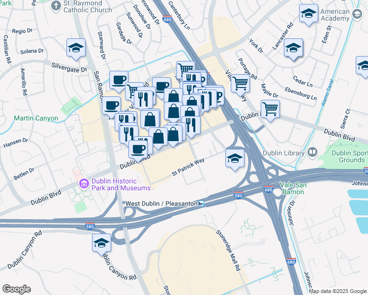 map of restaurants, bars, coffee shops, grocery stores, and more near 7601-7887 Dublin Boulevard in Dublin