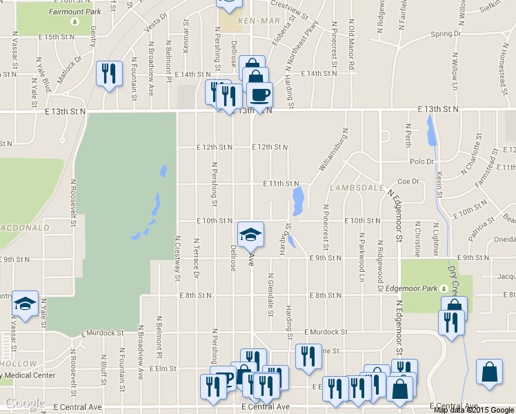map of restaurants, bars, coffee shops, grocery stores, and more near 1128 North Oliver Avenue in Wichita