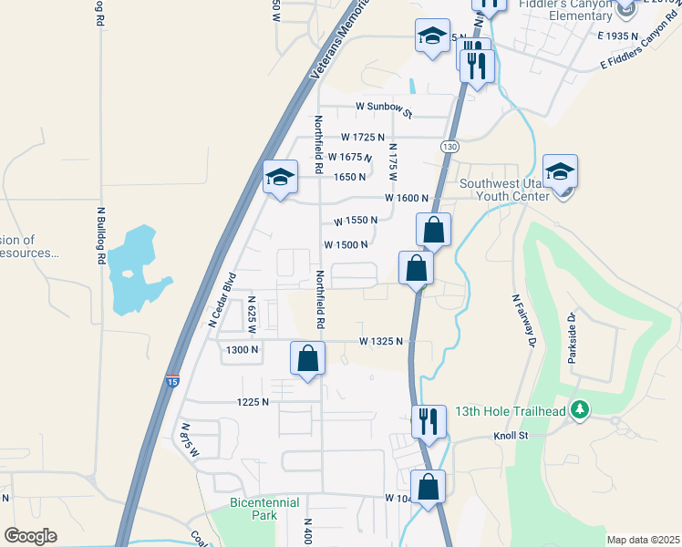 map of restaurants, bars, coffee shops, grocery stores, and more near Cedar Park Circle in Cedar City
