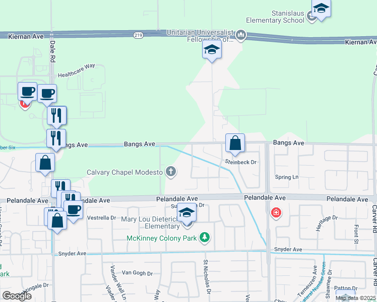 map of restaurants, bars, coffee shops, grocery stores, and more near 4340 Peninsula Drive in Modesto