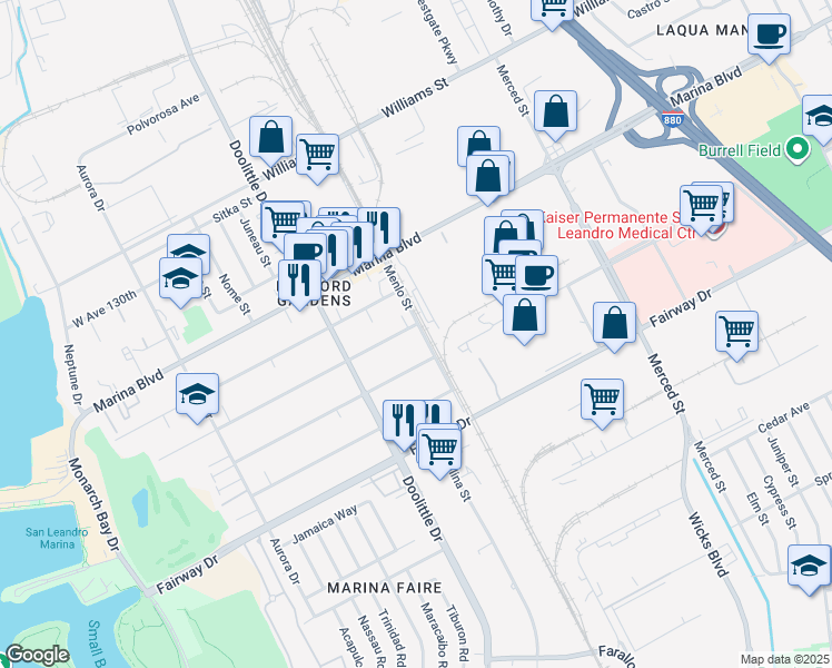 map of restaurants, bars, coffee shops, grocery stores, and more near 2001 West Avenue 134th in San Leandro