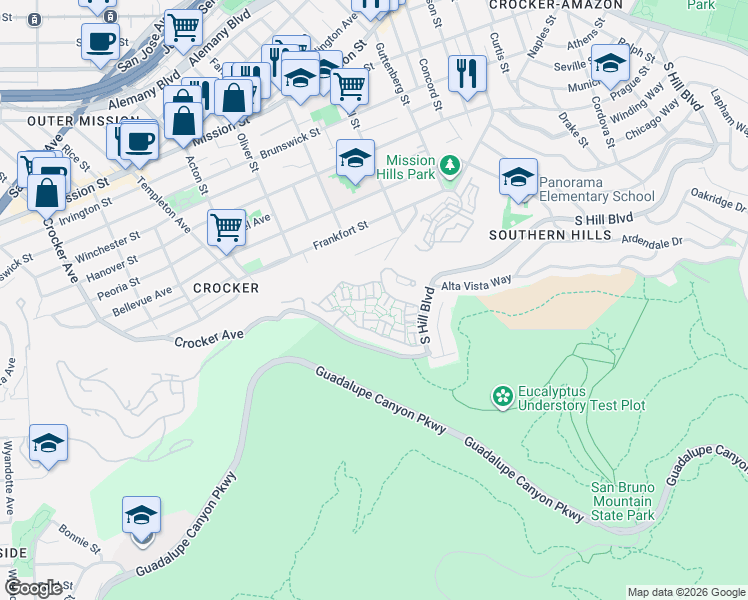 map of restaurants, bars, coffee shops, grocery stores, and more near 1301 Danberry Lane in Daly City