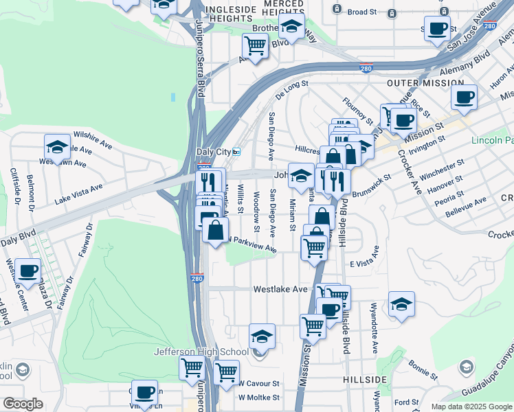 map of restaurants, bars, coffee shops, grocery stores, and more near 51 Woodrow Street in Daly City
