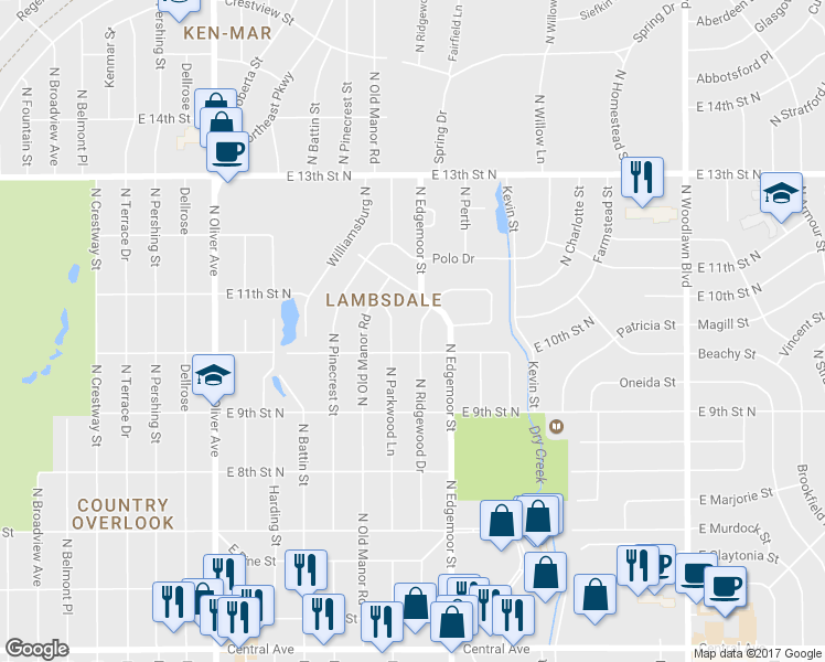 map of restaurants, bars, coffee shops, grocery stores, and more near 1136 North Parkwood Lane in Wichita
