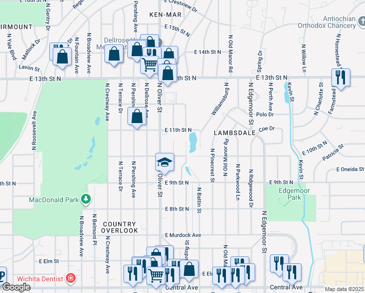 map of restaurants, bars, coffee shops, grocery stores, and more near 1137 Harding Street in Wichita
