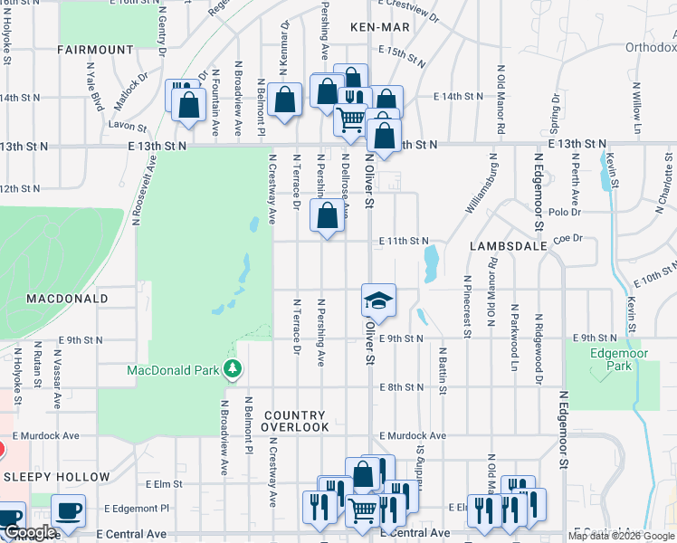 map of restaurants, bars, coffee shops, grocery stores, and more near 1138 North Pershing Street in Wichita