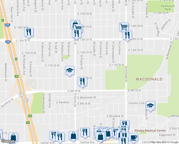 map of restaurants, bars, coffee shops, grocery stores, and more near 1143 North Estelle Avenue in Wichita