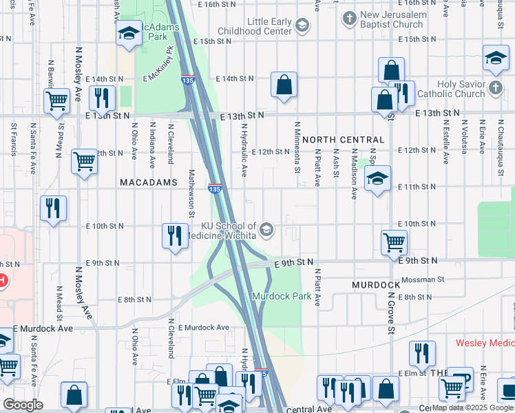 map of restaurants, bars, coffee shops, grocery stores, and more near 1701 East 11th Street North in Wichita