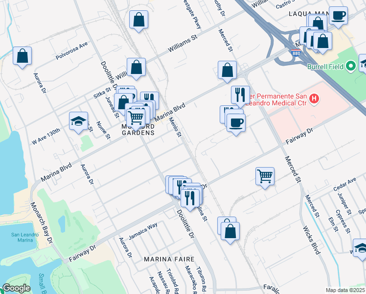 map of restaurants, bars, coffee shops, grocery stores, and more near 2001 West Avenue 134th in San Leandro