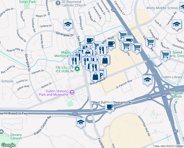 map of restaurants, bars, coffee shops, grocery stores, and more near 7938 Regional Common in Dublin