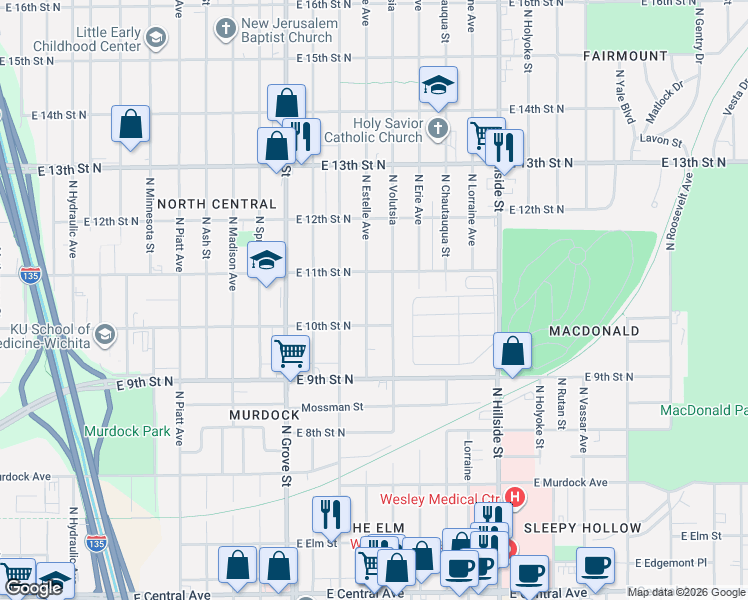 map of restaurants, bars, coffee shops, grocery stores, and more near 1143 North Estelle Avenue in Wichita