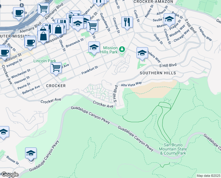 map of restaurants, bars, coffee shops, grocery stores, and more near 110 City View Drive in Daly City
