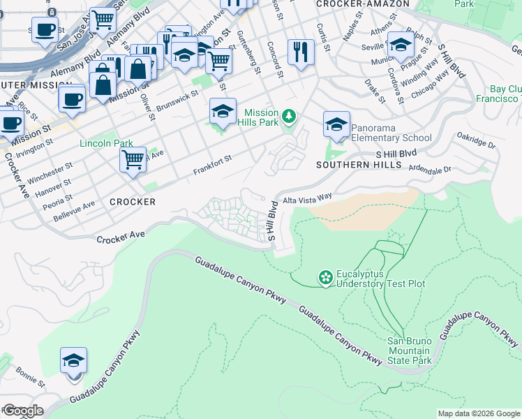 map of restaurants, bars, coffee shops, grocery stores, and more near 110 City View Drive in Daly City