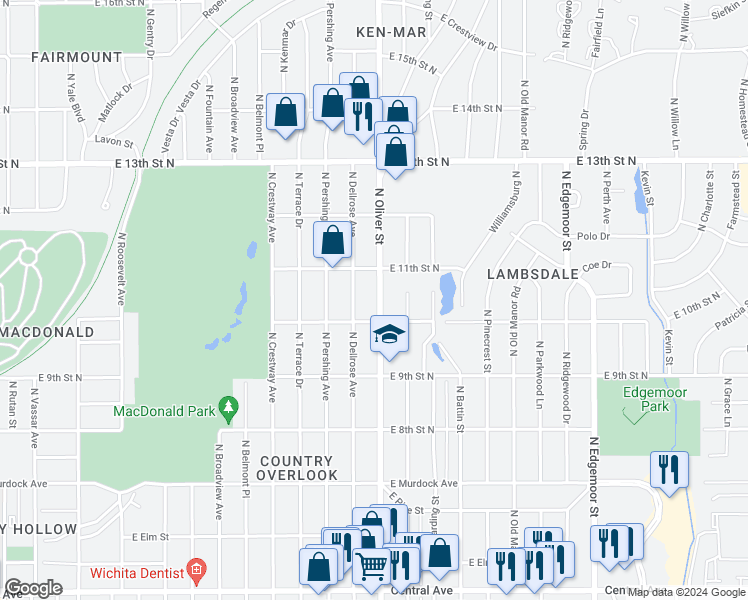 map of restaurants, bars, coffee shops, grocery stores, and more near 1123 North Oliver Street in Wichita