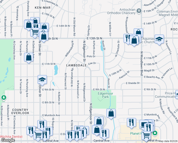 map of restaurants, bars, coffee shops, grocery stores, and more near 1138 North Ridgewood Drive in Wichita
