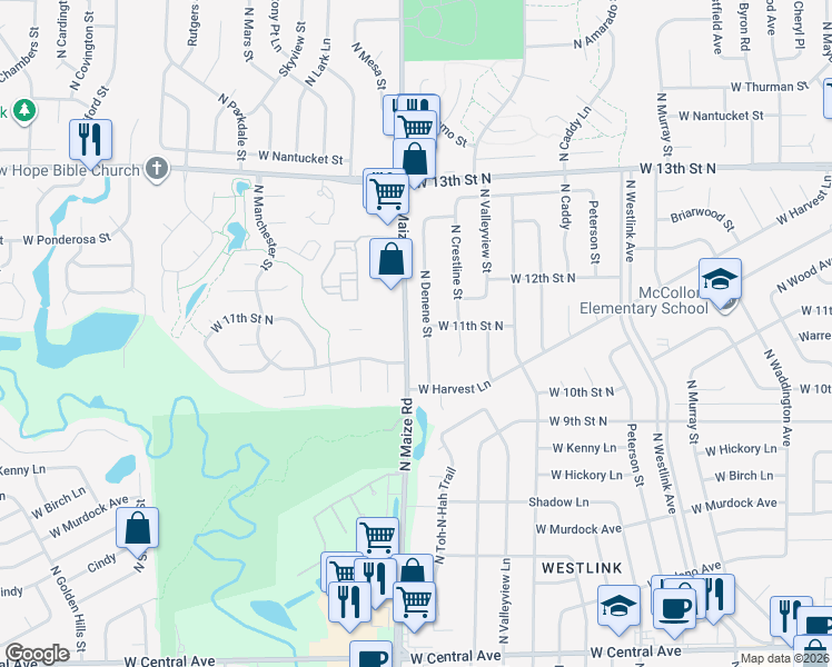 map of restaurants, bars, coffee shops, grocery stores, and more near 1118 North Maize Road in Wichita