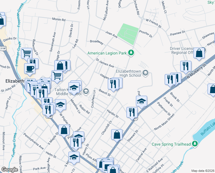 map of restaurants, bars, coffee shops, grocery stores, and more near 601-619 Perry Avenue in Elizabethtown