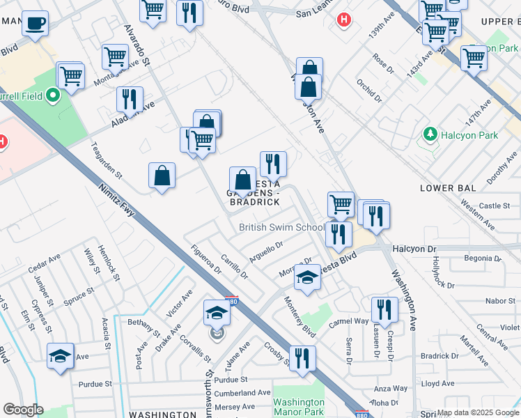 map of restaurants, bars, coffee shops, grocery stores, and more near 3419 Del Valle Circle in San Leandro
