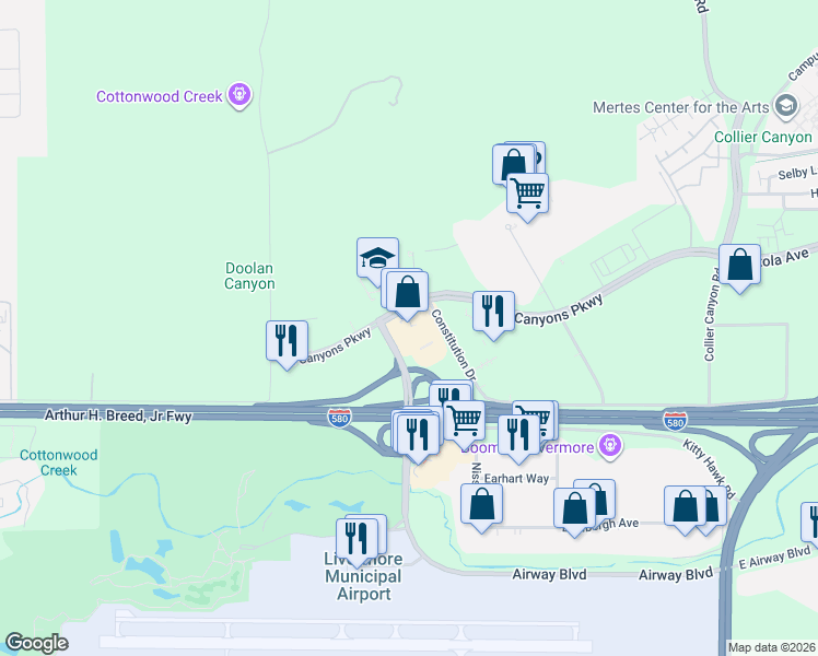 map of restaurants, bars, coffee shops, grocery stores, and more near 1051 Airway Boulevard in Livermore