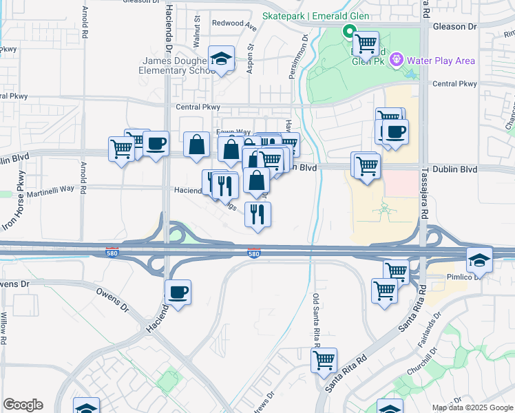 map of restaurants, bars, coffee shops, grocery stores, and more near Hacienda Crossings in Dublin